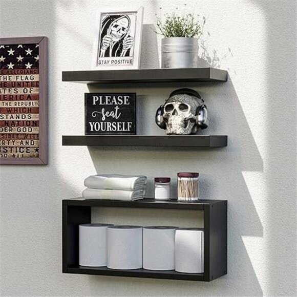 Black Floating Shelves Set of 3, Modern Bathroom Shelves Wall - Picture 7 of 7